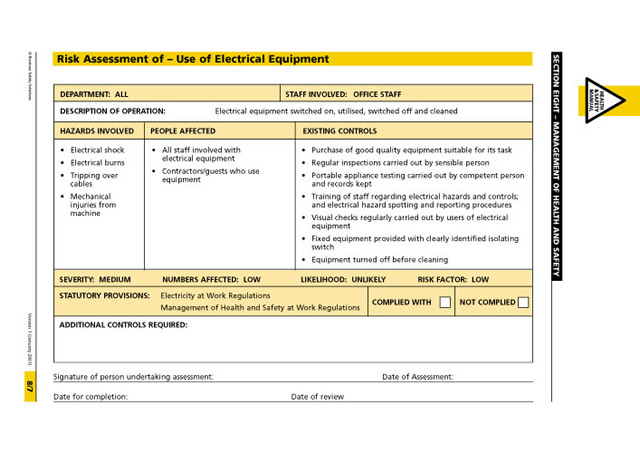 Risk Assessment of Electrical Eqipment page from H&S Manual